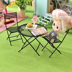 鉄製のテーブルと椅子のセット  ミニチュア装飾品  ガーデンドールハウスアクセサリー  ブラック  85~98x42~67mm&nbsp;PW-WGA0B7A-03