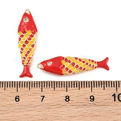 真鍮製エナメルペンダント  魚のチャーム  ラインストーン付き  18KGP本金メッキ  レッド  29x8x4.5mm  穴：0.8mm&nbsp;KK-CBA6818-03G-02
