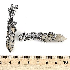 天然ダルメシアンジャスパーのファセット加工されたダブルターミナルの尖った大きなペンダント  合金のバラで包まれた六角柱のチャーム  アンティークシルバー  51~53x14x10.5mm  穴：4.5mm&nbsp;G-P547-03AS-15A