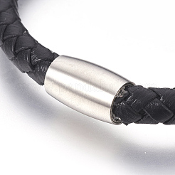 男性の編みこみの革コードブレスレット  304ステンレススチールの留め具とマグネット留め具付き  スカル  8-1/4インチ（21cm）  6mm&nbsp;BJEW-JB03916-02