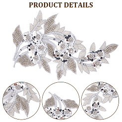 ポリエステル刺繍糸アイロン接着/縫い付けパッチ2個  プラスチック付き  布のアップリケ  花  銀  326x195x4mm&nbsp;PATC-CY0001-36B