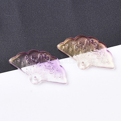 透明スプレー塗装ガラスペンダント  片面キラキラパウダー付き  ファン  蘭  20x34.5x3.5mm  穴：1.2mm&nbsp;GLAA-R212-01-A05