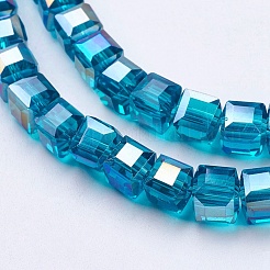 電気メッキガラスビーズセット  ABカラーメッキ  多面カット  キューブ  ダークターコイズ  6x6x6mm  穴：1mm  約100個/連  22インチ&nbsp;EGLA-R030-6x6mm-14