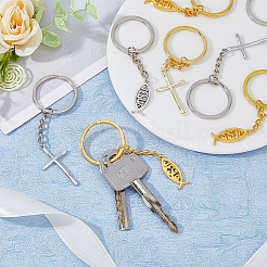 Брелок с подвеской из сплава в тибетском стиле с изображением рыбы и креста Иисуса&nbsp;KEYC-AB00016