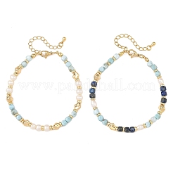 Set di braccialetti da donna in 2 stili diversi con perline cubiche sfaccettate in lapislazzuli e larimar naturali e perle naturali.&nbsp;BJEW-JB14475