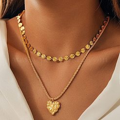 304 нержавеющая сталь кулон в форме сердца плоская цепочка с пайетками двухслойные ожерелья для женщин NJEW-F343-03G