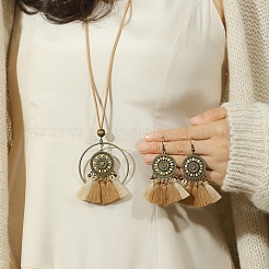 Collier pendentif pompon en alliage et bois et boucle d'oreille pendante&nbsp;FS-WGEEC72-04