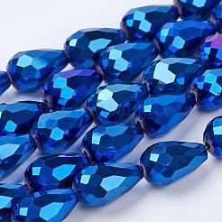 電気メッキガラスビーズセット  多面カット  ティアドロップ  ブルーメッキ  15x10mm  穴：1mm  約50個/連  27.1インチ&nbsp;EGLA-D017-15x10mm-1