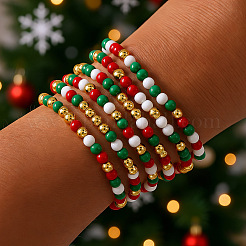 6 комплект круглых эластичных браслетов из стекла и латуни на рождественскую тематику&nbsp;HE1918-1