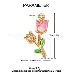 304ステンレススチール製、エナメル加工、ABS樹脂製イミテーションパールペンダント  イオンプレーティング（ip）  チューリップのチャーム  ハンドポリッシュ  18KGP本金メッキ  ピンク  28x17mm  穴：2mm&nbsp;SA-OY002-92G-01