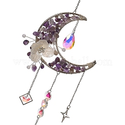 Atrapasueños colgante de metal con forma de luna y virutas de amatista natural&nbsp;GG-CBAB970-03B