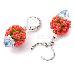 ガラスシードビーズフレンチフックピアス  304ステンレススチールフレンチフックピアス金具付き  花  プラチナ  レッド  39.5x14.5mm&nbsp;EJEW-MZ00324-01