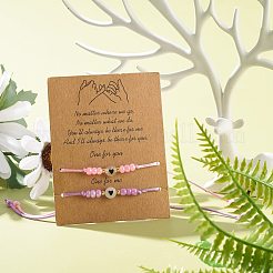 ガラスシードをセットしたハートアクリル編組ビーズブレスレット付きフラットラウンド2個  女性のための明るいビーズの積み重ね可能な調節可能なブレスレット  ピンク＆バイオレット  内径：2~3-3/8インチ（5~8.7cm）&nbsp;BJEW-JB08034-04