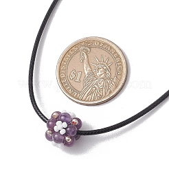 天然アメジストとガラスシードビーズのクラスターフラワーペンダントネックレス  女性用ブラックワックスコットンコードネックレス  プラチナ  17.40インチ（44.2cm）&nbsp;NJEW-MZ00095-02