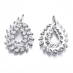 真鍮象眼細工の透明な立方晶ジルコニアペンダント  ティアドロップ  プラチナ  27x19x3mm  穴：3x1.5mm&nbsp;ZIRC-S069-037P