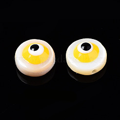 天然淡水シェルビーズ  エナメル  ナザールボンジュウ付きフラットラウンド  ミックスカラー  6x3~4mm  穴：0.8mm&nbsp;SHEL-N003-16