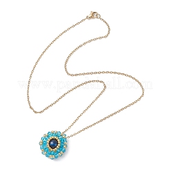Collar con colgante redondo plano de cuentas de vidrio y ojo de tigre azul teñido natural&nbsp;NJEW-MZ00129-06