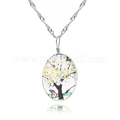 Collane con catena di Singapore in lega con ciondolo ovale in vetro con albero della vita con fiori secchi&nbsp;FS-WG9834F-05