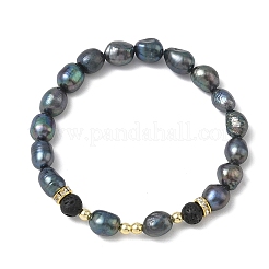Elastische Armbänder aus natürlichen Süßwasserzuchtperlen und Lavasteinperlen für Damen&nbsp;BJEW-JB13714-01
