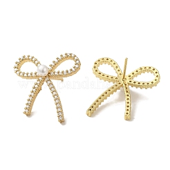 Серьги-гвоздики из латуни с микро-паве и прозрачным циркониевым бантом для женщин EJEW-P280-27G