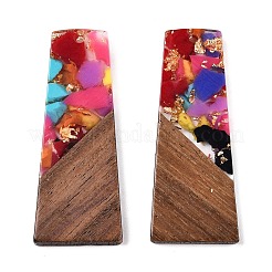 不透明な樹脂とクルミ材のペンダント  グリッターパウダー付き  台形  カラフル  49x19x3.5mm  穴：2mm&nbsp;RESI-T058-04H