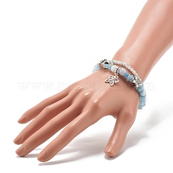 Многорядный браслет с бусинами из натурального аквамарина&nbsp;BJEW-JB07052-04