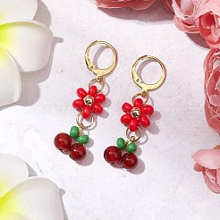 天然カーネリアンビーズとガラスシードダングルフープピアス  女性用304ステンレスジュエリー  花  ゴールドカラー  ミックスカラー  43x13mm&nbsp;EJEW-MZ00309
