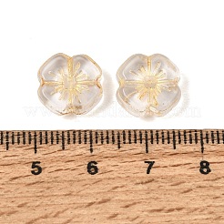 焼き付け塗料と金色の金属で覆われたガラスビーズ  花  透明  12x12x4mm  穴：1.2mm&nbsp;GL-CBA1477-16D