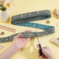 エスニック風ポリエステルリボン  刺繍入りの織りリボン  スパンコール  シアン  1-3/4インチ（43mm）&nbsp;OCOR-WH0003-084A