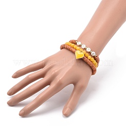 3 pièces 3 style naturel teint jaune jade & acrylique mot amour perlé bracelets extensibles sertis de breloques en alliage émail coeur&nbsp;BJEW-JB08924-03