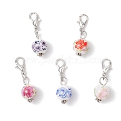 5 pieza de decoración colgante de cerámica de porcelana con estampado de flores hecho a mano redondo&nbsp;HJEW-JM03828-01