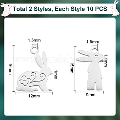 20個 2スタイル 201 ステンレススチール バニーペンダント  レーザー切断  兎  ステンレス鋼色  16x12x1mm  穴：1.5mm  10個/スタイル&nbsp;STAS-UN0052-01