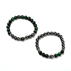 Ensemble de bracelets extensibles en perles d'oeil de tigre naturel (teint), avec des non-magnétiques perles synthétiques d'hématite, verte, diamètre intérieur: 2 pouce (5.1 cm), 2 pièces / kit