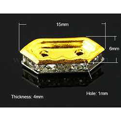 Brass Rhinestone Bridge Spacer, Grade A, Golden, Hexagon, Crystal, 15x6x4mm, Hole: 1mm