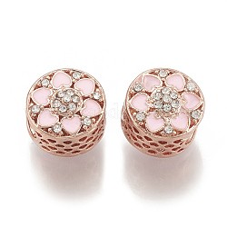 Legierung Strass Perlen, mit Emaille, hohl, Großloch perlen, flach rund mit Blume, Roségold, 12x11.5x11.5 mm, Bohrung: 5.5 mm