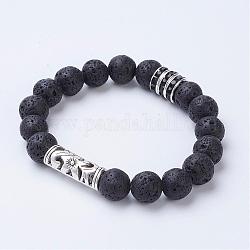 Natural Lava Rock Stretch Bracelets, with Brass Rhinestone Spacer Beads and Alloy Hollow Tube Beads, Round, 2 inch(53mm)