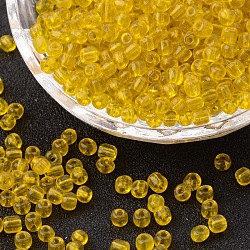 (servizio di reimballaggio disponibile) perline di semi di vetro, trasparente, tondo, giallo, 6/0, 4mm, Foro: 1.5 mm, su 12 g / borsa