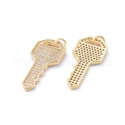 Ottone micro spianare pendenti zirconi, con anelli di salto, placcato di lunga durata, chiave, chiaro, oro, 31.5x14.5x2mm, Foro: 4 mm
