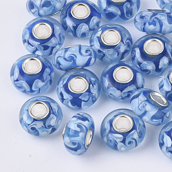 Бусины лэмпворк европейского стиля , бусины с большим отверстием, с серебристым покрытием из латуни, рондель, синие, 14x7.5 мм, отверстие : 4 мм