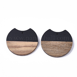Pendenti in resina e legno di noce, gap piatto rotondo, nero, 33x37x3mm, Foro: 1.8 mm