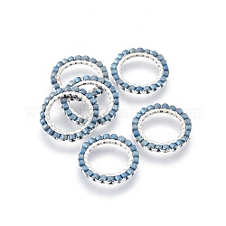 Miyuki & toho perles de rocaille japonaises faites à la main, avec anneaux connecteurs en 304 acier inoxydable, motif de tissage, anneau, couleur d'argent, bleu acier, 14.5~15x1.7mm