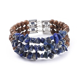 Trois boucles naturelles lapis lazuli puce perles wrap bracelets, avec des perles en bois  , accessoires en alliage et bracelet en acier de fil de mémoire, 2-1/8 pouce (5.4 cm)