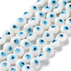 Handmade Evil Eye Lampwork Beads Strands, Flat Round, White, 12.5x7.5mm, Hole: 1.6mm, about 33pcs/strand, 15.12''(38.4cm)