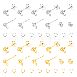 Unicraftale 120Pcs 2 Color Iron Ball Stud Earring Findings, with Horizontal Loops & 120Pcs 304 Stainless Steel Ear Nuts & 120Pcs Open Jump Rings, Golden & Stainless Steel Color, 6.5x4mm, Hole: 1mm, Pin: 0.8mm, 60Pcs/color
