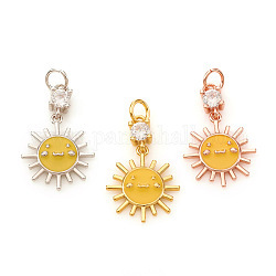 Brass Micro Pave Cubic Zirconia Pendants, with Enamel and Jump Rings, Sun, Mixed Color, 18mm, Jump Ring: 4x0.6mm, Hole: 2.5mm