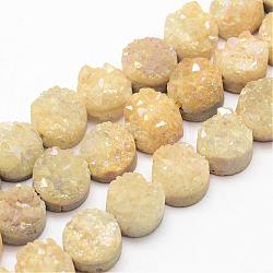 Electroplated Natural Druzy Quartz Crystal Bead Strands, Flat Round, Dyed, Champagne Yellow, 7~12x5~10mm, Hole: 1.5mm, about 16pcs/strand, 7.8 inch