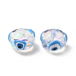 Perles en verre transparentes, avec l'émail, facette, rondelle avec motif mauvais œil, bleu profond du ciel, 10x7.5mm, Trou: 1.5mm
