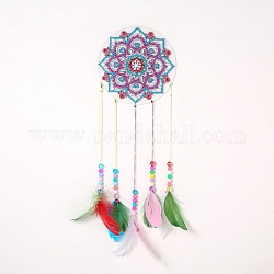 DIY Diamond Painting Hanging Woven Net/Web with Feather Pendant Kits, Including Acrylic Plate, Pen, Tray, Bells and Random Color Feather, Wind Chime Crafts for Home Decor, Mandala Flower Pattern, 400x146mm