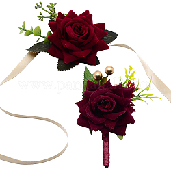 Craspire 2pcs 2 style poignet en soie de fleur rose et ensembles de broche en soie de fleur, pour le mariage, décorations de fête, rouge foncé, 109~609x10~78mm, 2 modèle 2 pièces