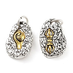 Brass Pendants, with Jump Ring, Textured, Oval with Conch & Vajra Charm, Antique Silver & Antique Golden, 18.5x12x3mm, Hole: 4mm